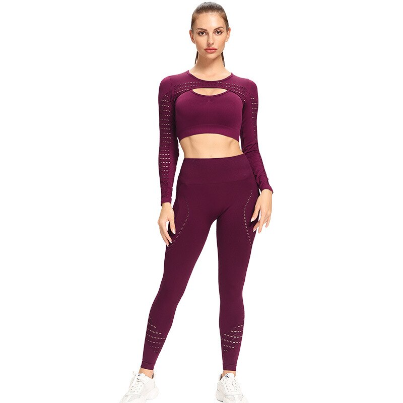 Vrouwen 2Pcs Naadloze Yoga Set Sport Pak Turnkleding Workout Kleding Met Lange Mouwen Gym Crop Top Hoge Taille Leggings Fitness sportkleding