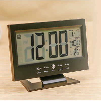 Röststyrning digital klocka bakgrundsbelysning ledd bordsklocka vädermonitor kalender med termometer skrivbordsklocka