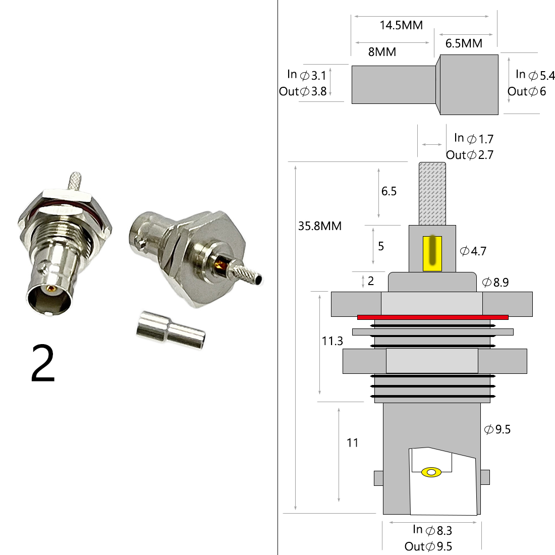 1-4PC BNC Male Female Plug Jack RF Coax Connector Crimp for RG316 RG174 RG58 RG142 Cable Copper Nickelplated With Drawing: Dark Grey / 5-9Pcs