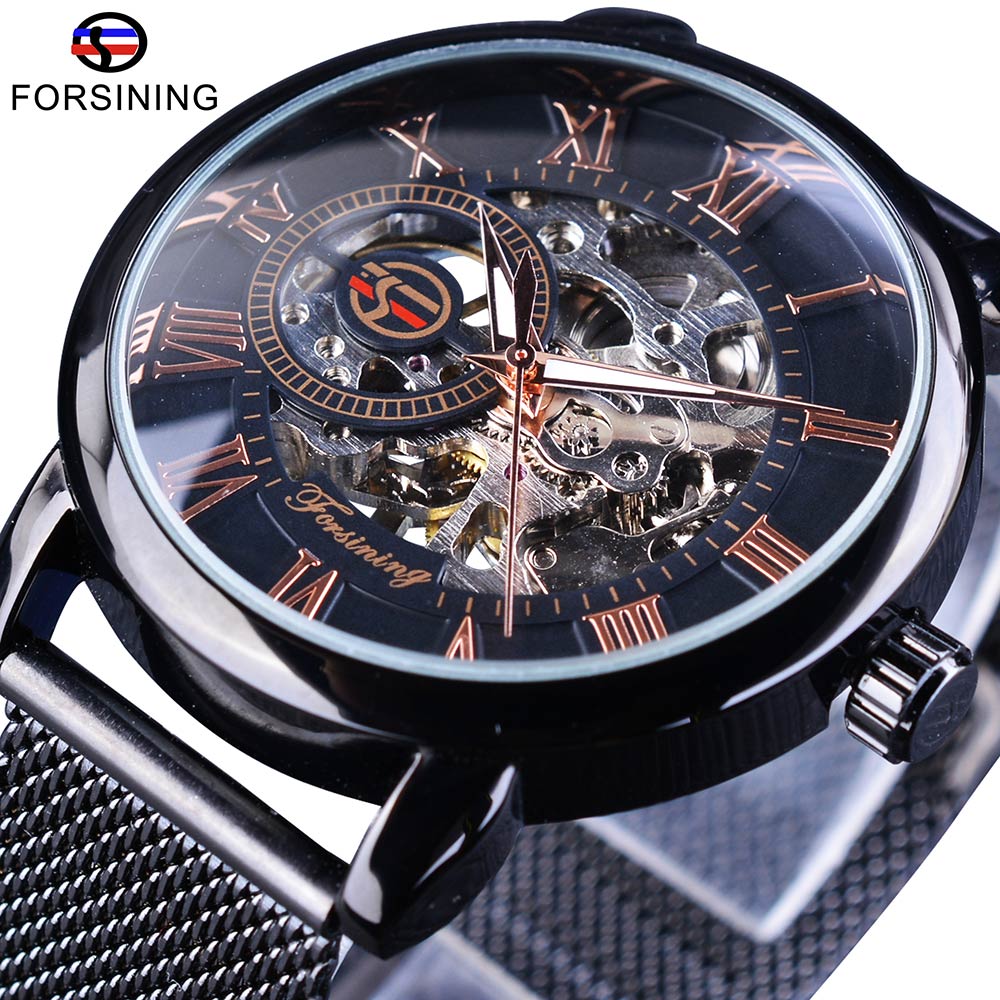 Forsining 3D squelette Royal rétro noir cadran doré montre mécanique bleu maille acier inoxydable bracelet lumineux montre-bracelet: Black