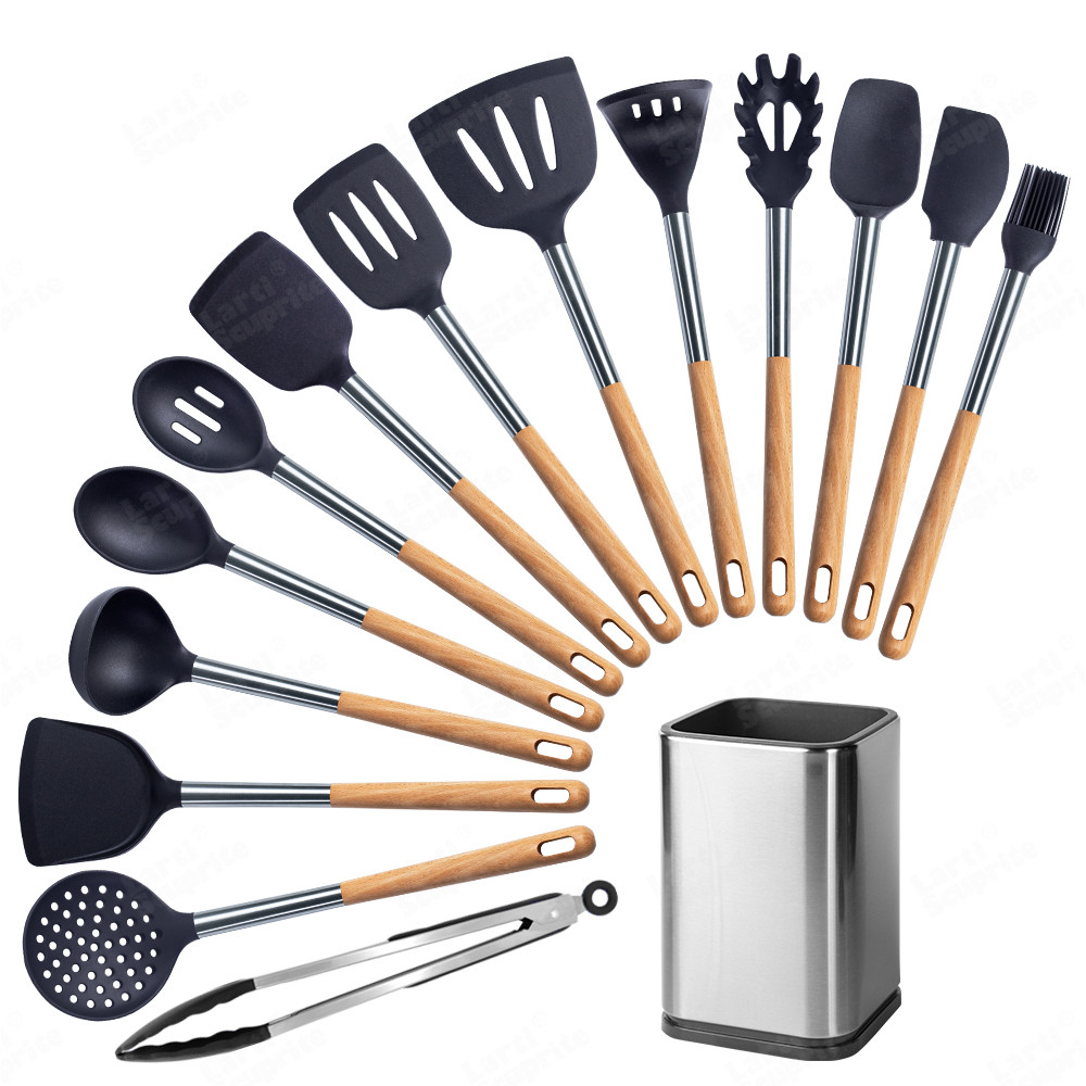 Kit d'ustensiles de cuisine en Silicone, ensemble d'outils de cuisine, accessoires allongés manche en bois massif, spatule cuillère Kit avec ustensiles de rangement: B15-B