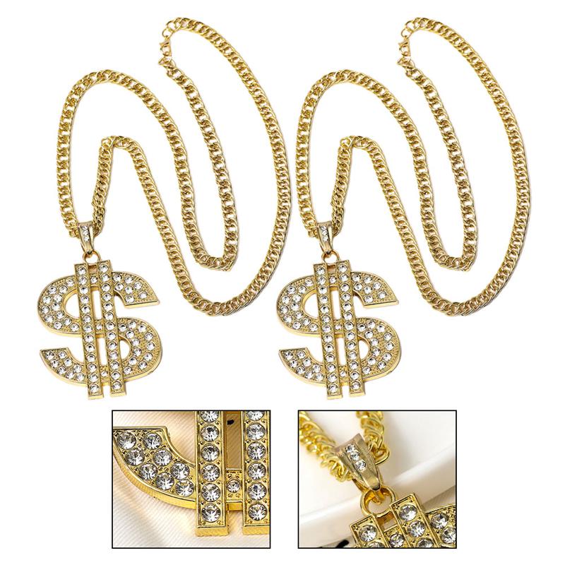 2 Pcs Pretend Play Toy Hip Hop Costume Rapper Accessories Dollar Sign Gold Chain Ring Alloy Plating Necklace For Party (Golden)