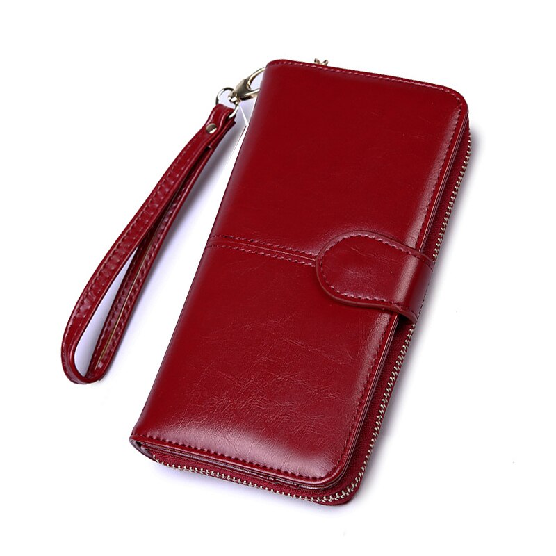 Women Oil Wax Leather Wallet Female Purses Big Capacity Zipper Purse Ladies Long Wristlet Clutch Coin Card Holder Wallet
