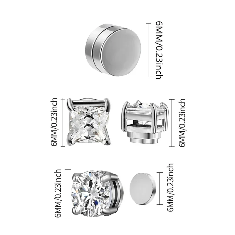 1/3 pares de pendientes magnéticos de cristal de 6MM sin perforación de acero inoxidable para hombres, pendientes magnéticos de circón Punk, joyería sin perforación