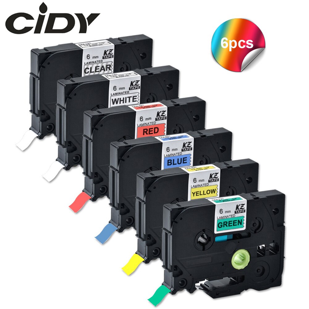 Cidy 6 pieces 6mm tze 211 compatible brother p-touch laminated label tapes tze -111 tze -211 tze -511 -411 -611 tze -711 tze 315