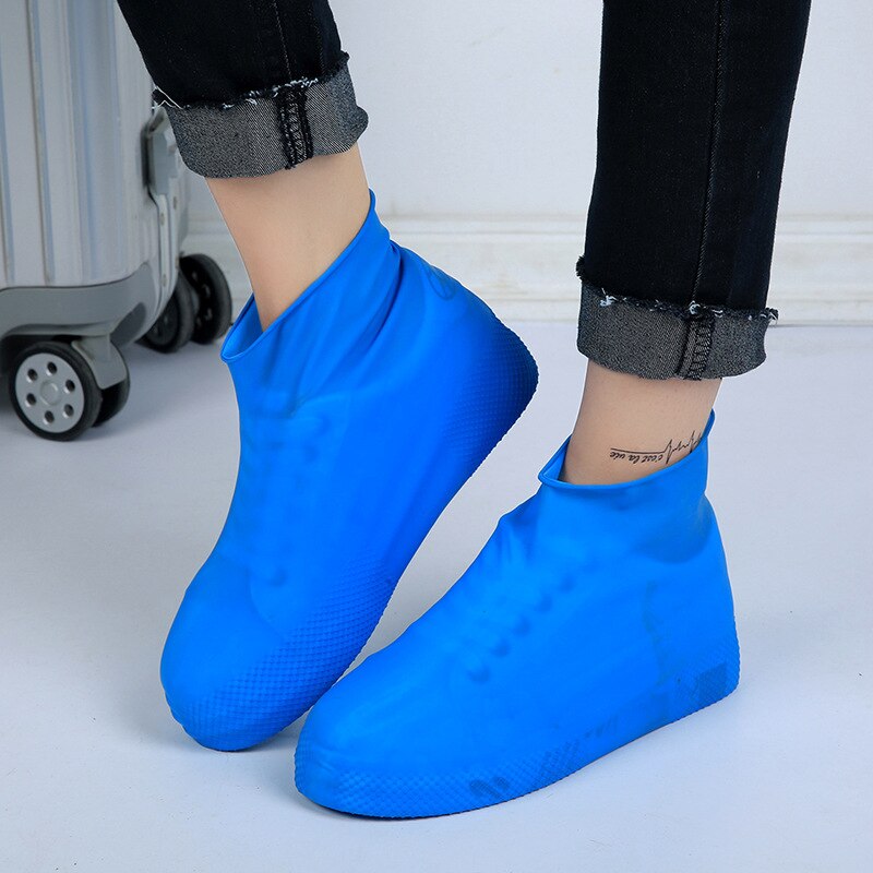 Vandtætte skoovertræk gummistøvler regnstøvler kvinder udendørs rejser regnfuld skridsikker silikone skoovertræk mand genanvendelig: Blå / S