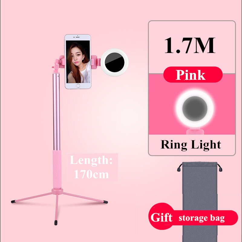 Bluetooth 1.7m selfie stick tripod med led ring fyld lys telefonstativ monopod 360 rotation til smart telefon mobilfoto: Lyserød ingen kontrol