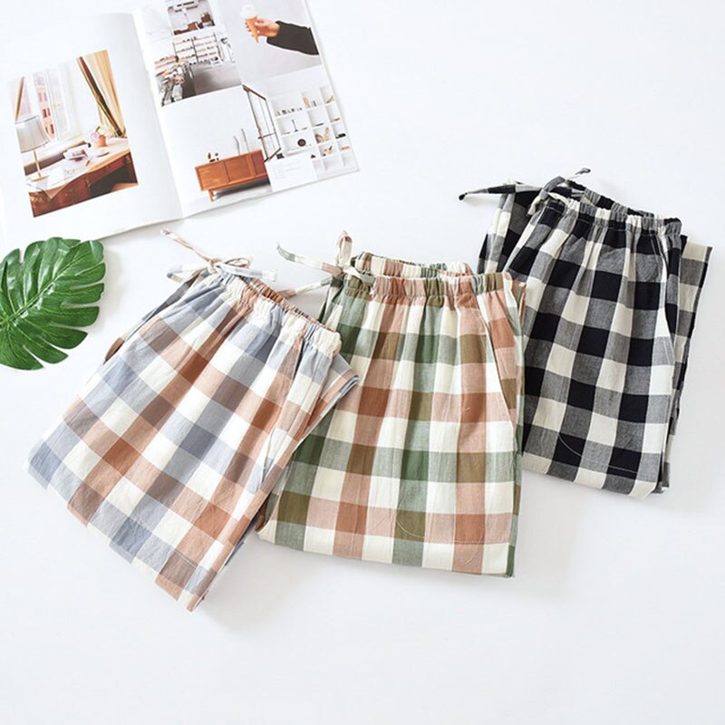 Spring Summer Fall Ladies Simple Style Plaid Pants Elastic Waist Comfort Loose Cotton Trousers Women Household Sleep Bottoms