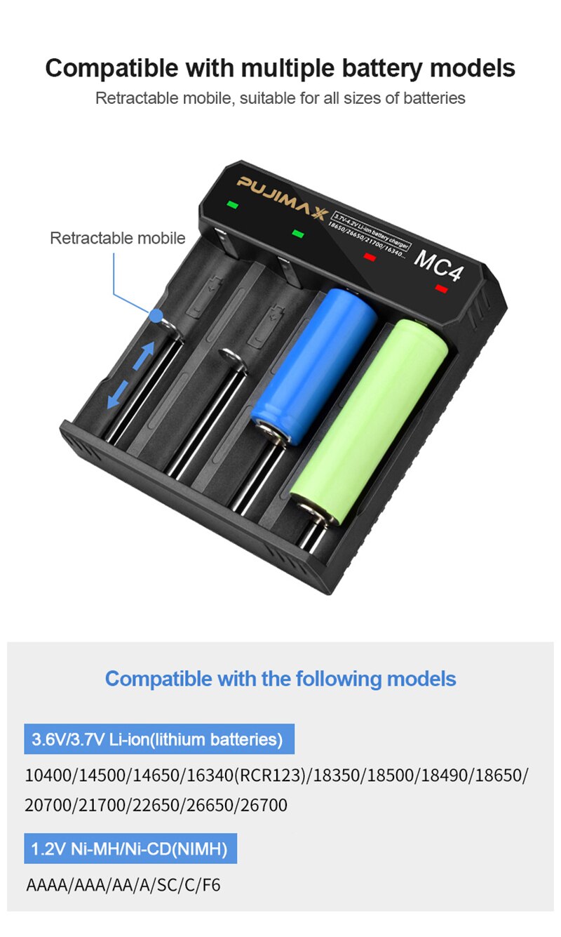 Voxlink Acculader 18650 Led 4 Slots USB2.0 Snel Opladen 26650 18350 14500 26500 22650 Li-Ion Oplaadbare Batterij Oplader