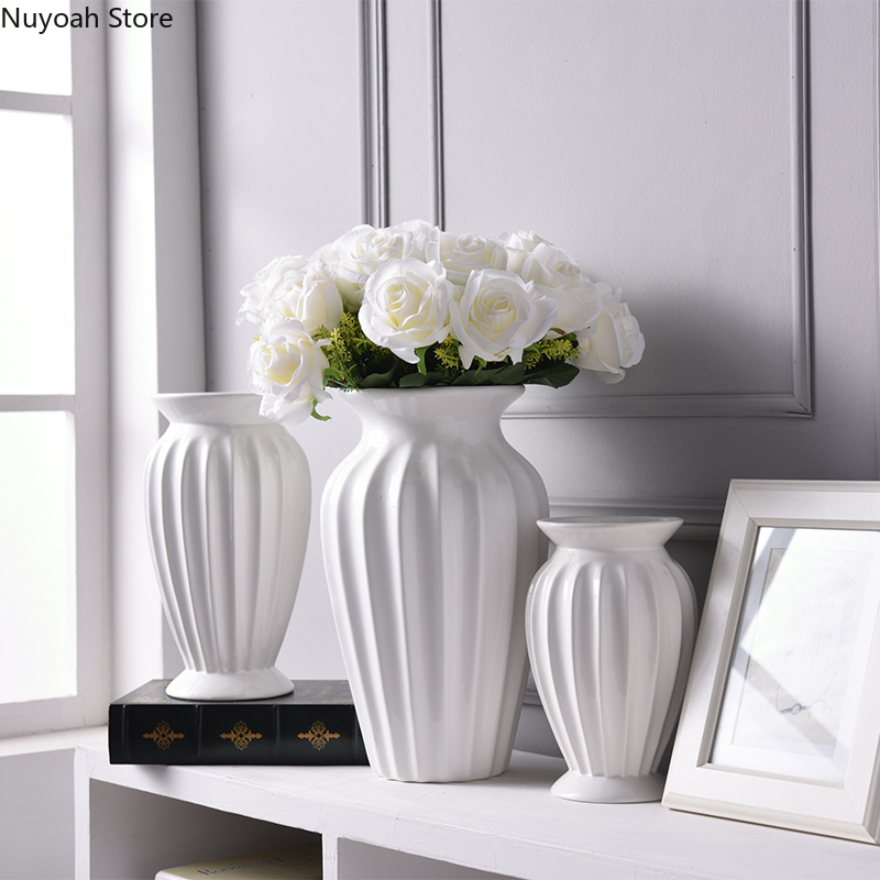 European-style Simple White Striped Vase Ornaments Ceramic Flower Arrangement Water Vase Living Room Decoration Accessories