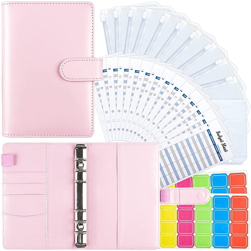 A6 Pu Lederen Bindmiddel Cover Met Bindmiddel Zakken, Kosten Budget Lakens En Labels Voor Budget Organizer Enveloppen: Roze