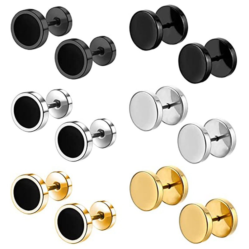 6 Pairs Barbell Oor Stud Set Titanium Staal Hypoallergeen Piercing Punk Oorbellen Sieraden Voor Mannen Vrouwen 8Mm Goud Zilver zwart
