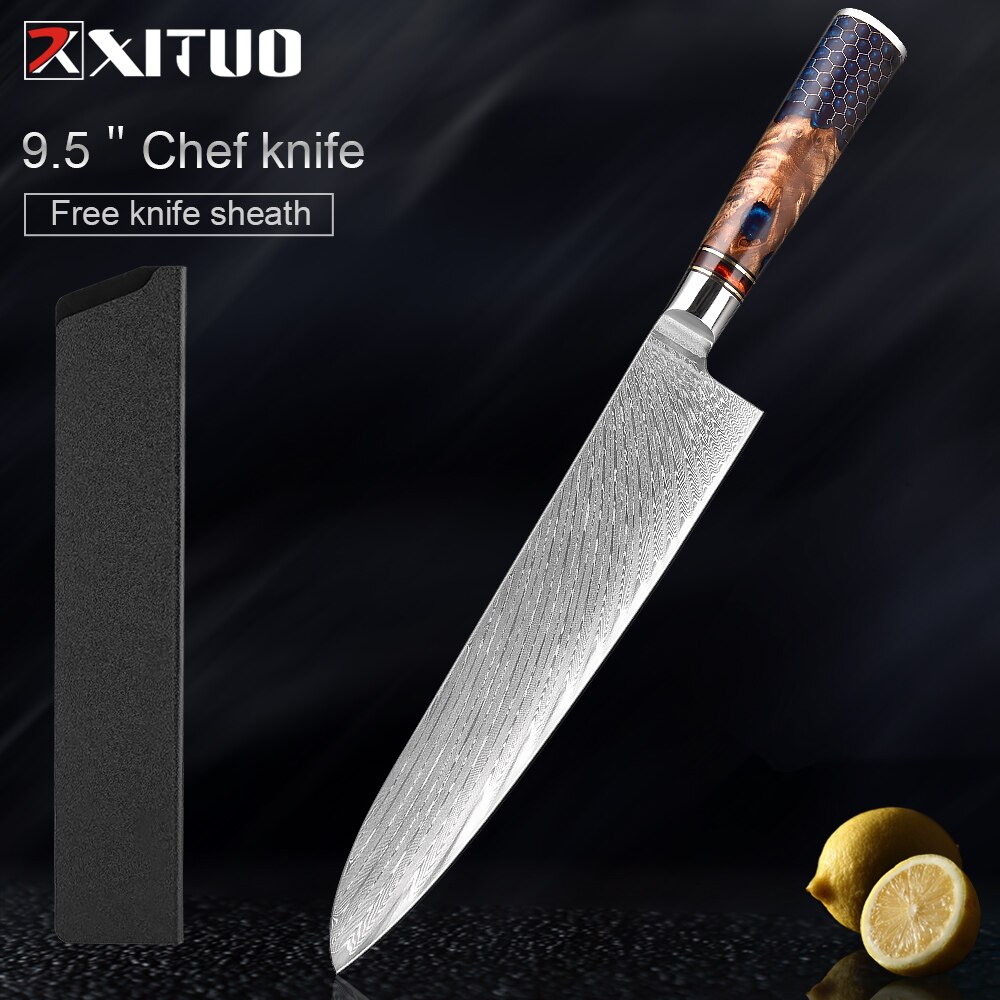 XITUO-Juego de cuchillos de cocina de acero damasco, 67 capas, afilados, duraderos, cuchillo de corte multifuncional, mango de panal de resina azul: 9.5 inch Chef knife
