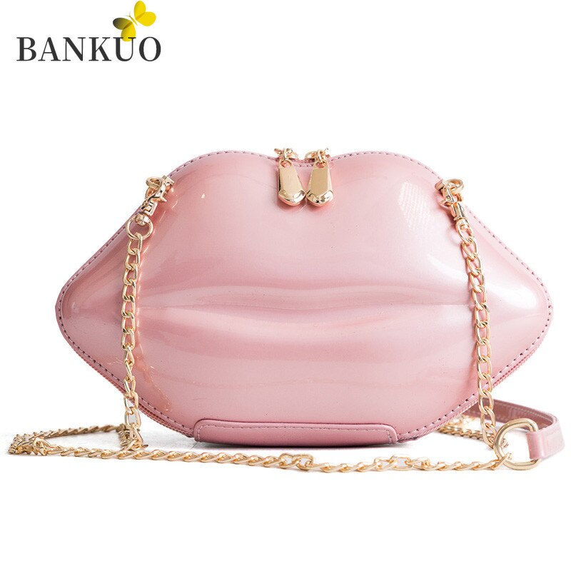 Bankuo Womens Evening Clutch Bag Pu Solid Chain Handtas Glossy Lakleer Crossbody Tas Mode Lip Vormige Schoudertas C381