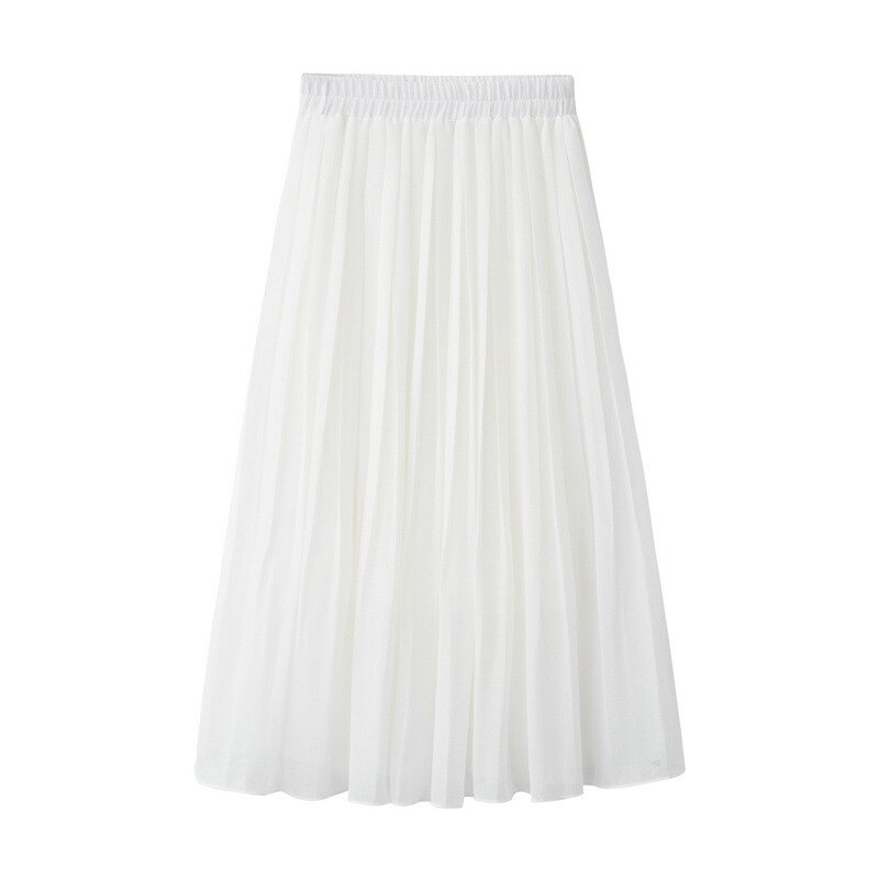 Spring and Summer Skirt College Wind High Waist Chiffon Pleated Skirt Elastic Waist Pleated Midi Long Skirt: White