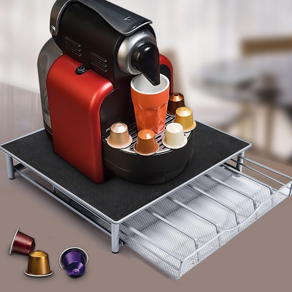Kaffemaskine base pod holder opbevaringsskuffe kaffe nespresso kapsler skuffer organisator stand rack skuffer rustfrit stål