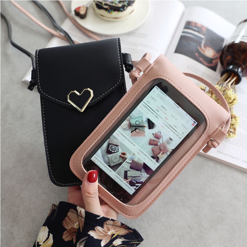 Transparent Touch Screen Women Heart-shaped Mobile Phone Bag Retro Mini Messenger Lady Handbag And Purses Small Phone Bag