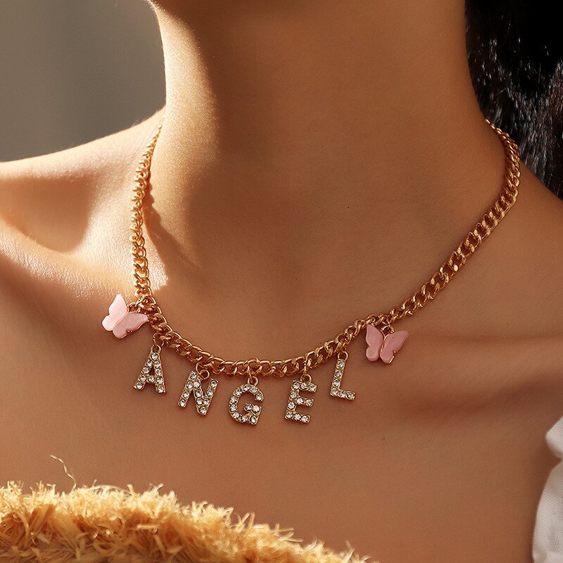 Leuke Vlinder Choker Ketting Voor Vrouwen Meisjes Baby Honing Angel Crystal Letters Hanger Ketting Kraag Ketting Trendy Sieraden: ANGEL