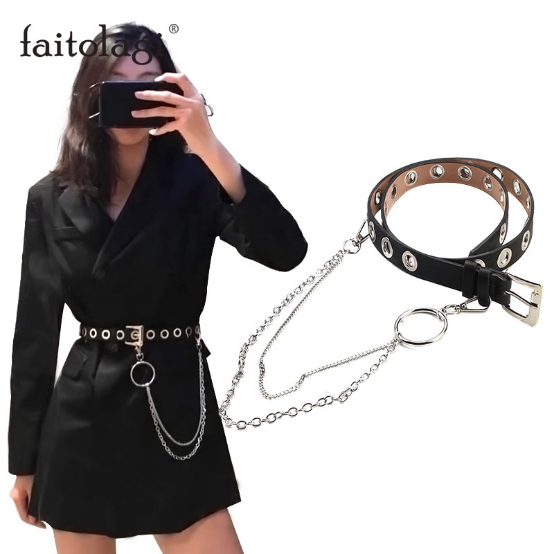 Holle punk jurk jeans riem met ketting pu leer verstelbare zwarte ring riem rij gat oogje vrouwelijke decoratieve taille riemen