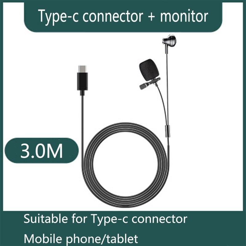 Mini Monitor de micrófono portátil con cable 3m para iPhone Lightning tipo C, 3,5mm, portátil, PC, micrófono de grabación con Clip, auriculares: Type C monitoring