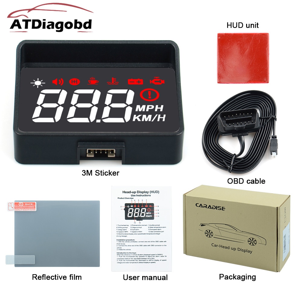 A100S Met Zonnekap Voorruit Projector OBD2 Ii Euobd Auto Hud Head Up Display Overspeed Waarschuwing Systeem Voltage Alarm