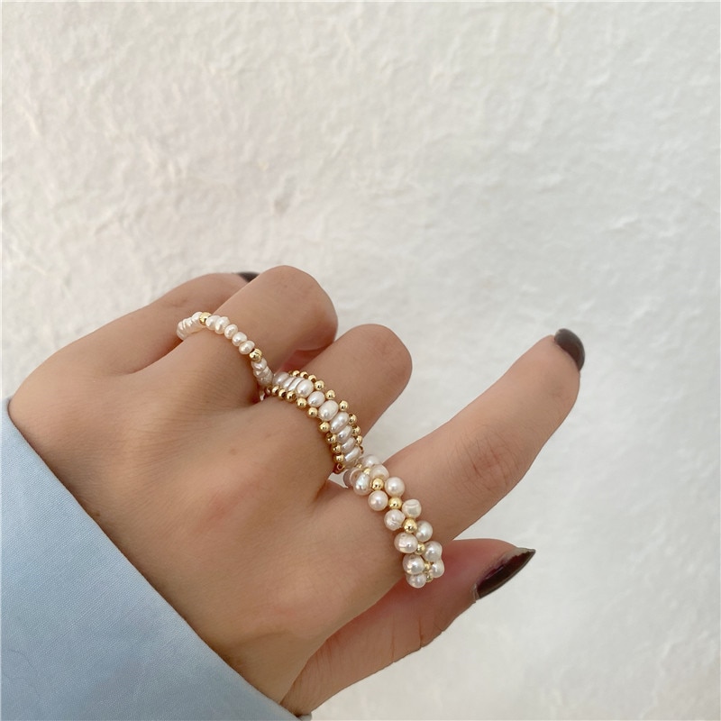 AOMU Natural Baroque Pearl Ring Female Ins Tide Japanese Retro Cold Elastic Ring for Women Adjustable Waven Ring