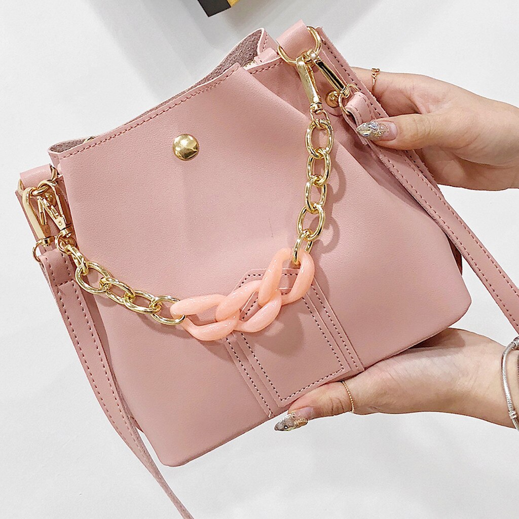 Women's Simple Chian Handbag Bucket Bag Single Large Capacity Shoulder Messenger Zip Fastener Bags Great Mar 25: Pink