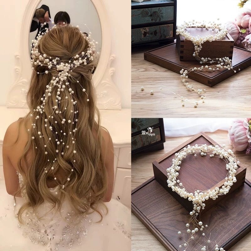 Diadema de flor de perla para novia, corona para boda, corona de flores para la cabeza, accesorios para el cabello de estilo bohemio para mujer, diadema para traje de boda