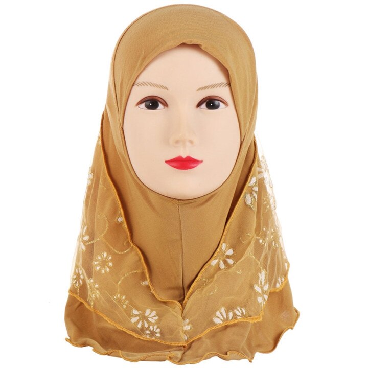 Children Kids Muslim Small Girl Hijab With Lace Flower Pattern Islamic Scarf Shawls Stretch 56cm 7-11 Years Old: J