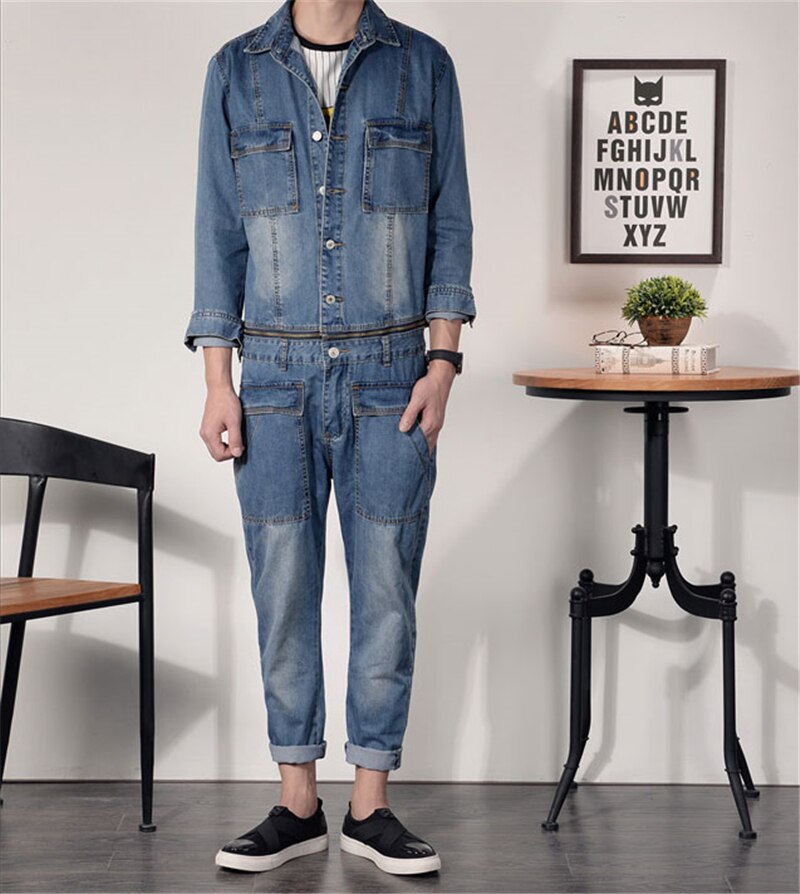 Denim overalls herre langærmet blå denim jakke herre hip-hop street shooting herre overalls herre jeans