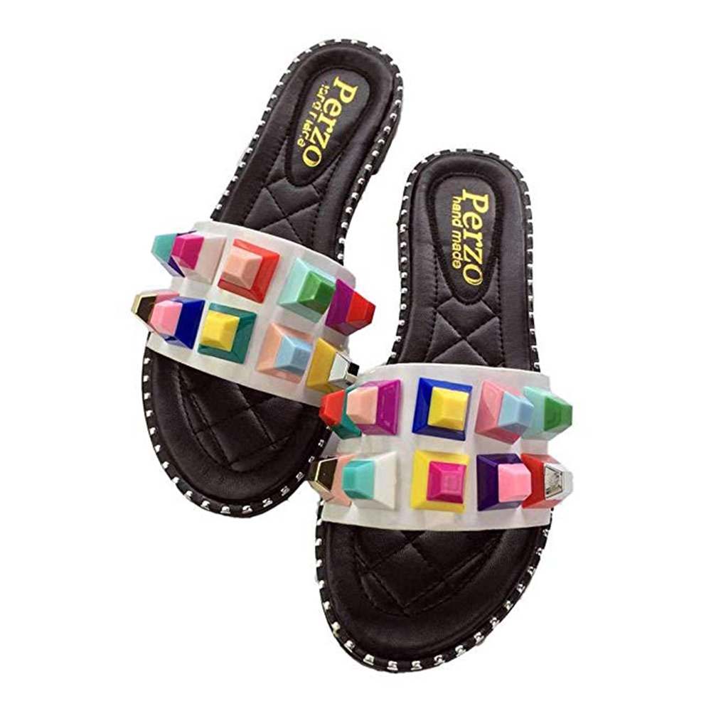 Sandalias de mujer con tachuelas coloridas sandalias con pedrería remaches elegantes Chanclas de cuero planas de Punta abierta Sandalias cómodas al aire libre