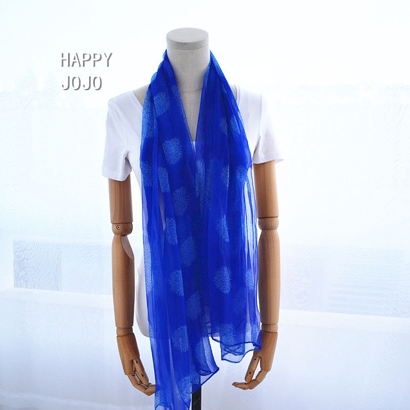Naturligt silke diaphan tørklæde til kvinder trykt kongeblå wrap blødt lys meget tynd forår sommer afslappet sjal til dame