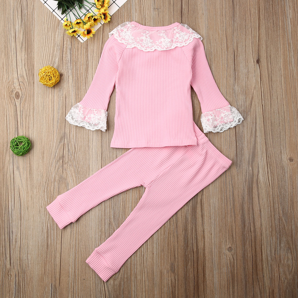 1-6Y Autumn Toddler Kids Baby Girls Clothes Sets Pink Lace Ruffle Top T-shirt Pants Leggings Outfit 2pcs