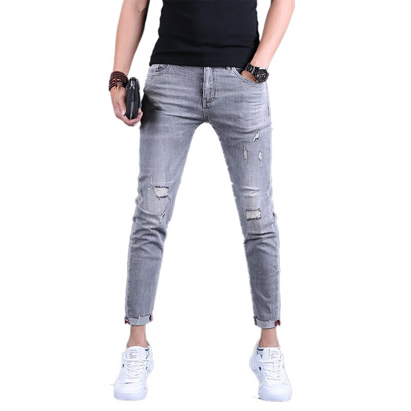 Pantalones vaqueros hasta el tobillo para hombre, ropa informal coreana, con agujeros rasgados, para verano, 2022