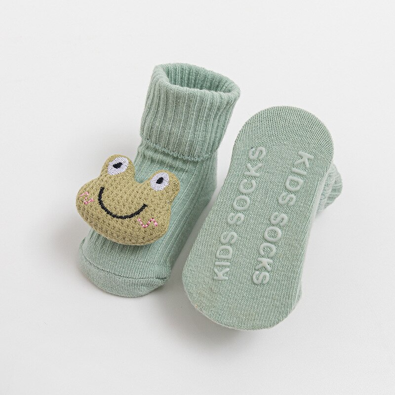 Babysocken mit Karikatur-motiven 3d einfarbig, mit schleife, rutschfester sohle, weich und warm, Ideal für babys und kleinkinder, für Höhle Winter.: Grüner frosch