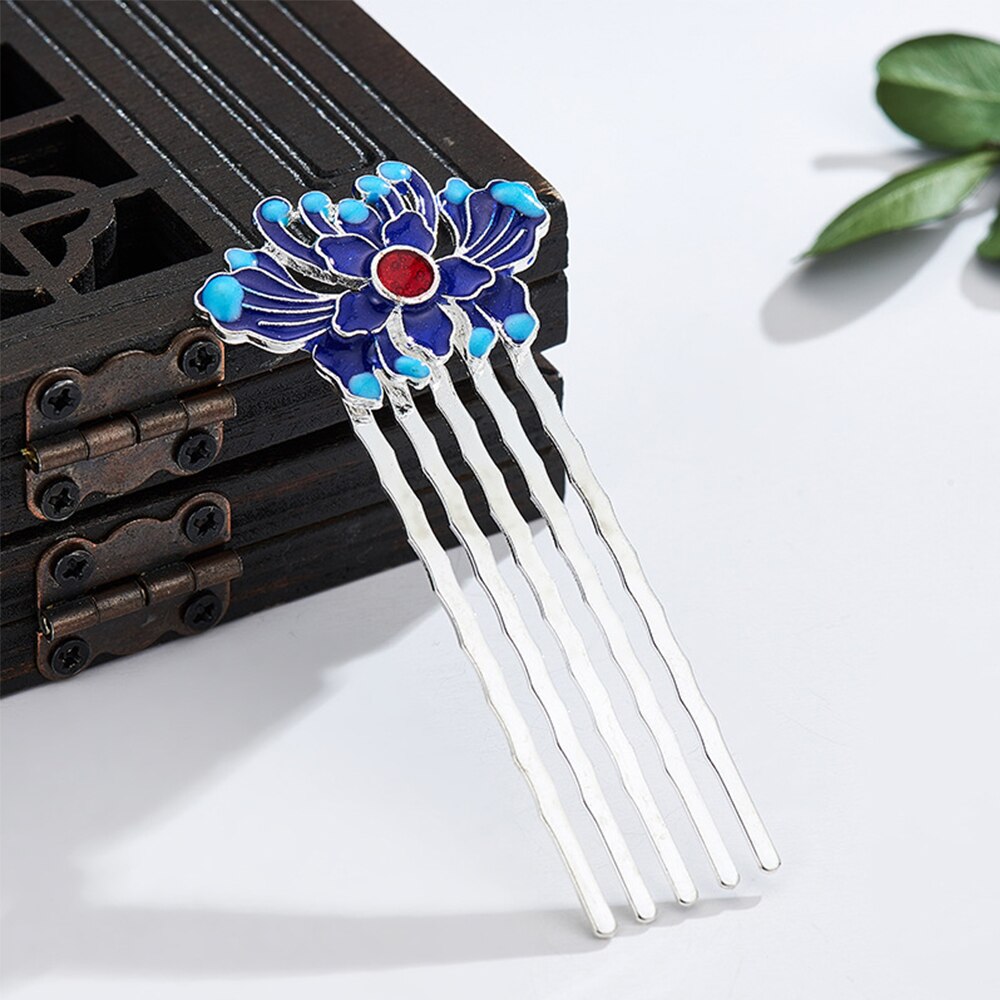 Chinese Hanfu Hair Comb Traditional Classical Style Hairpin Cloisonne Wedding Blue Green Lotus Hair Accessories: A