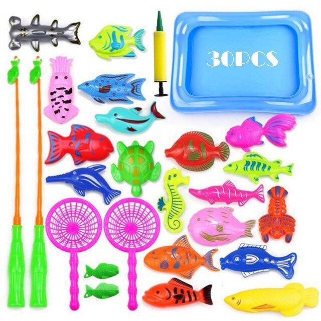 Juego de pesca con imanes para niños, juguetes de agua con imán de piscina inflable, caña de pescar, 15-68 piezas: 30pcs with pool