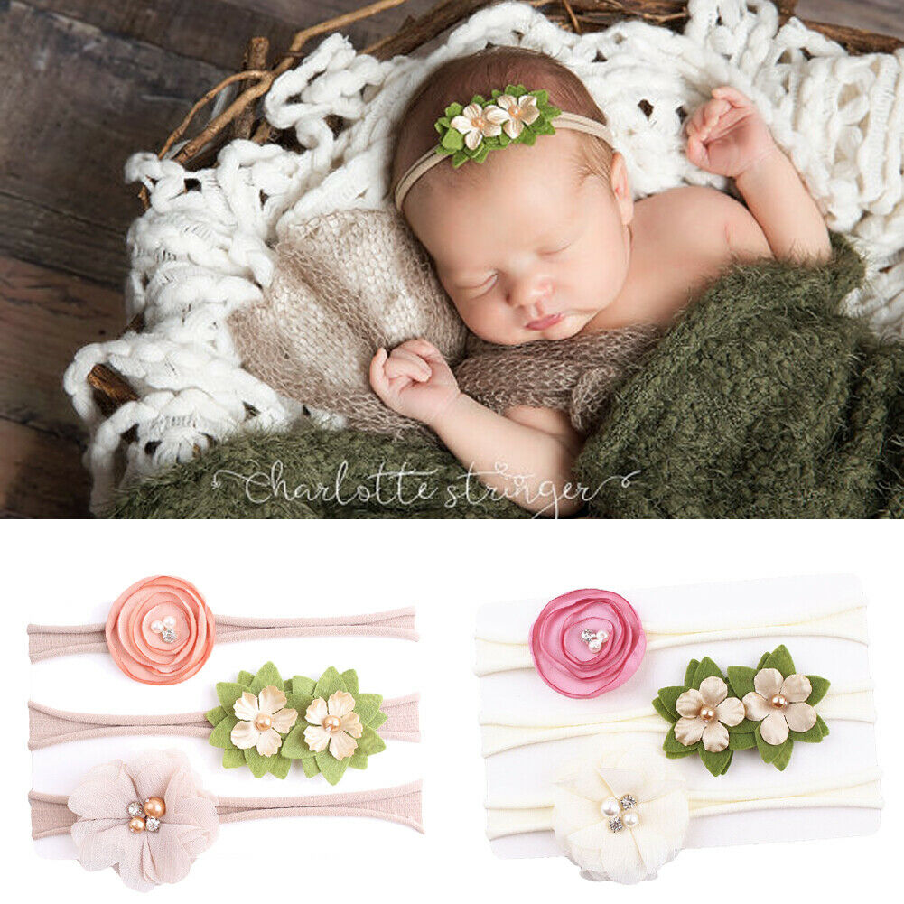 Tilbehør hovedbeklædning pige barn baby hæklet elastisk pandebånd hårbånd spædbørn småbørn rose blomst hårbånd 3 stk/sæt
