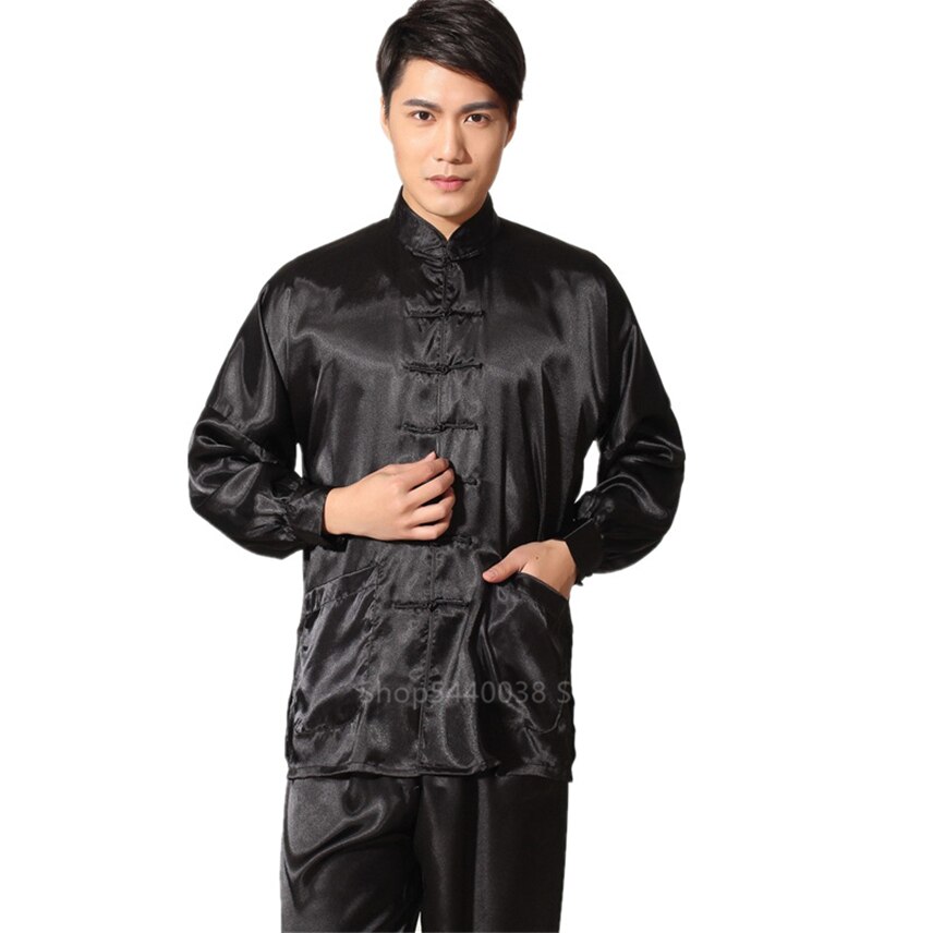 Chinese Year Clothing for Men Satin Solid Long Sleeve Kung Fu Costumes Traditional Cheongsam Top Pant Clothes Set