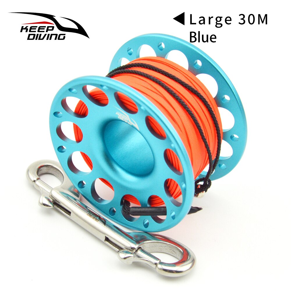 Carrete de dedo de aleación de aluminio para buceo, 15M/30M, de acero inoxidable con gancho de doble extremo, equipo SMB, accesorios para cuevas y buceo: Blue 30M