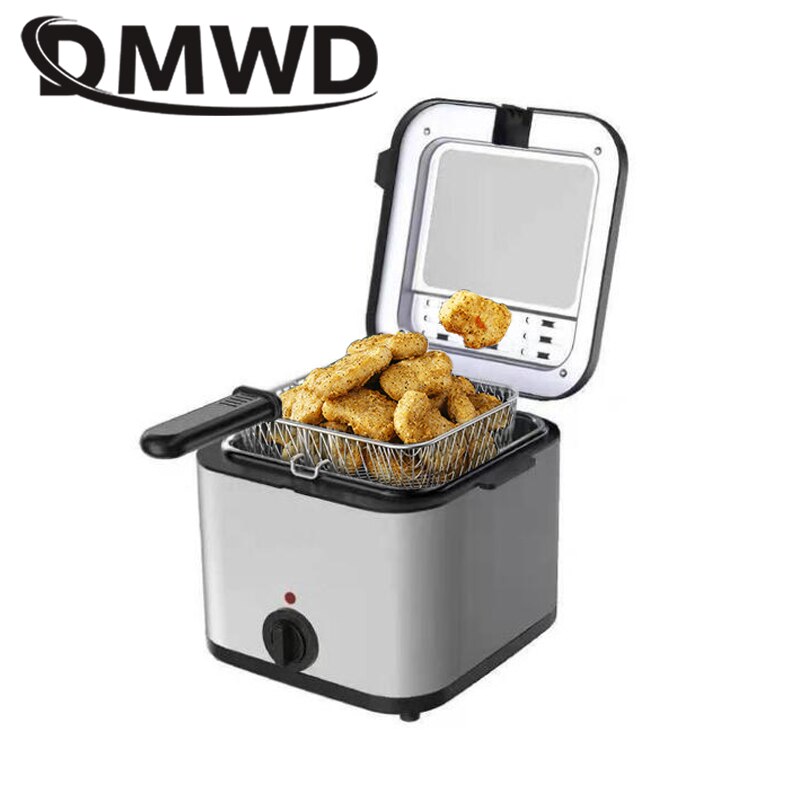 DMWD 1.5L Stainless Steel Single Tank Electric Deep Fryer Smokeless French Fries Chicken Frying Pot Grill Mini Hotpot Oven EU US