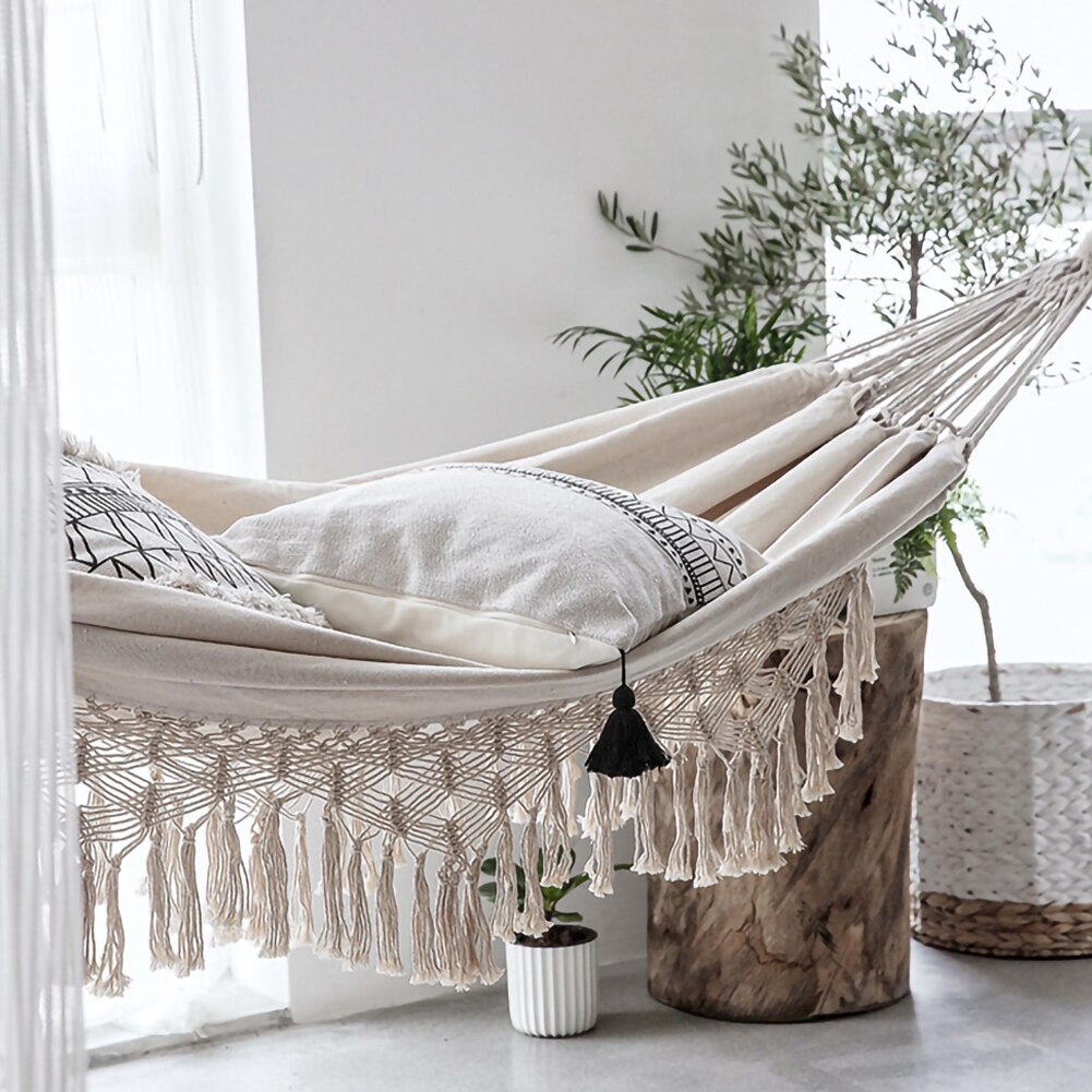 Grote 2-persoons hangmat Boho-stijl Braziliaanse macrame omzoomd Deluxe dubbele hangmat Netto schommelstoel Indoor hangende schommel levering
