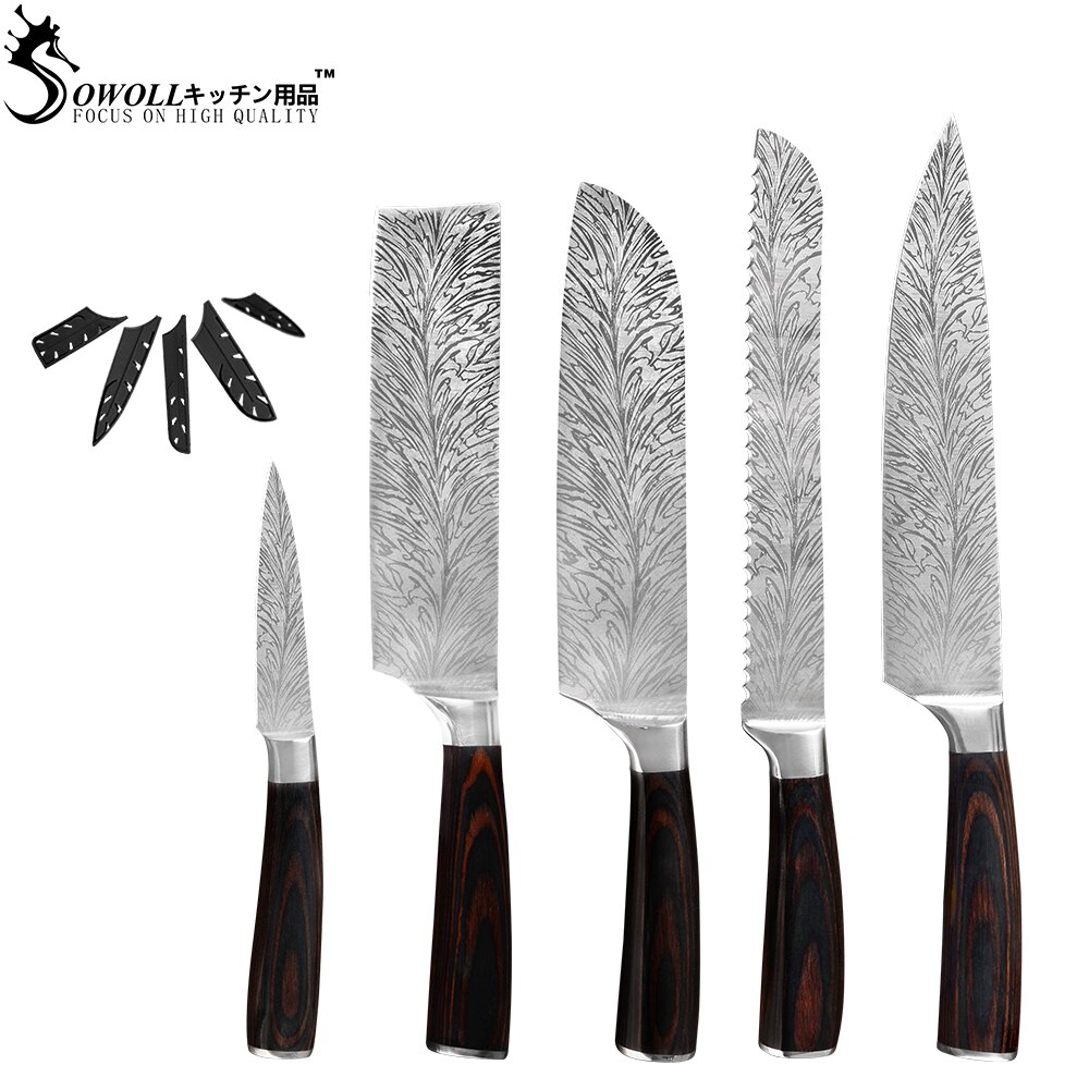 Sowoll couteaux porte-couteau mural magnétique | Ensemble de couteaux de Chef de cuisine, lame tranchante en acier inoxydable, porte-couteau damas veines lame tranchante: F.5PCS SET