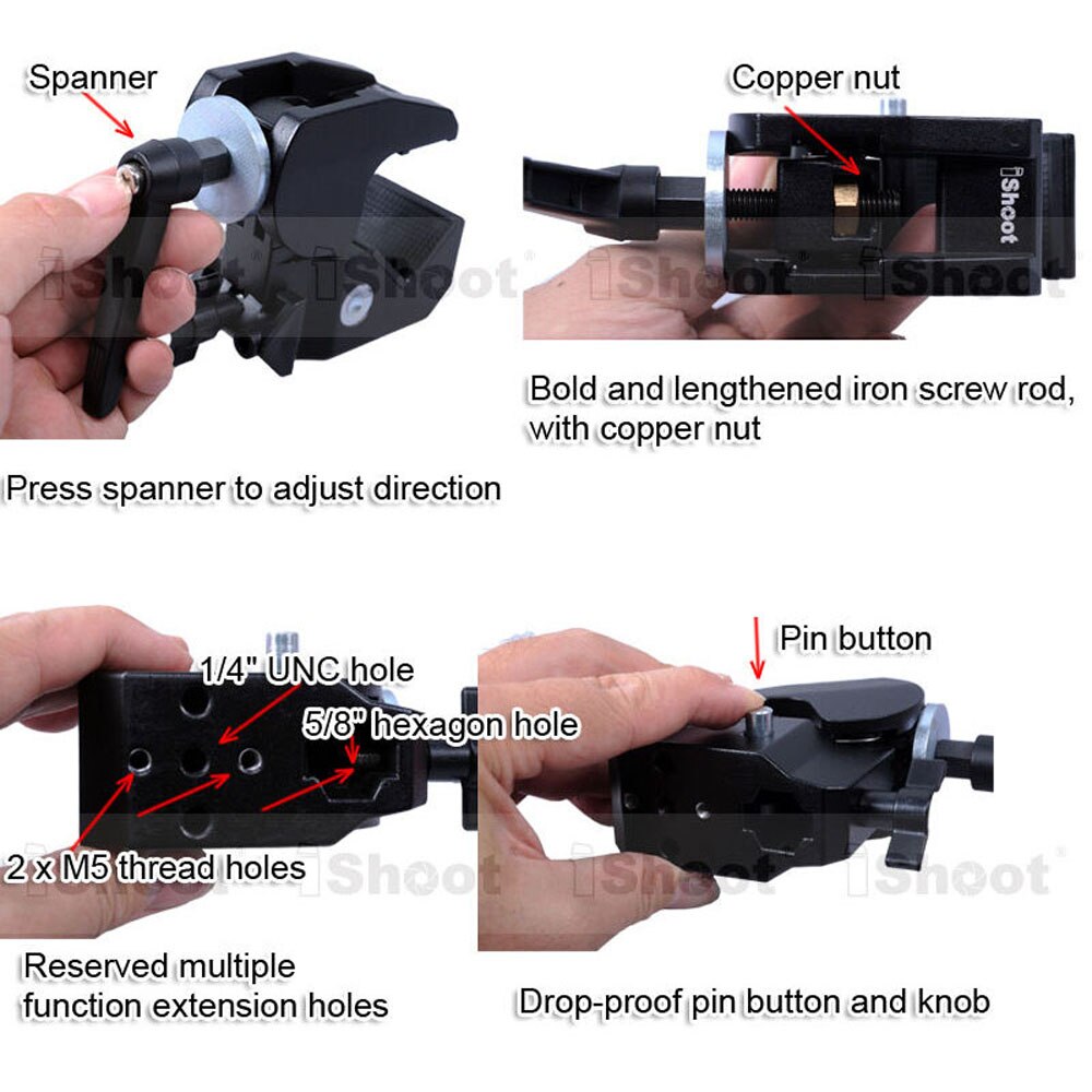 Universal Strong Metal Crab Clamp Pliers Camera Holder for Tripod Light Stand Boom 5cm Round Pipes 3cm Square Tubes Max. 10kg