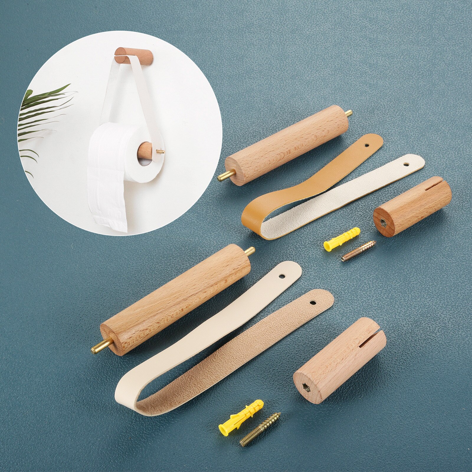 Soporte de madera + cuero/latón para papel higiénico, rollo de cuerda colgante, toallero de montaje en pared, Beige/marrón, decoración del Hogar, baño, Hotel y cocina, 1 unidad