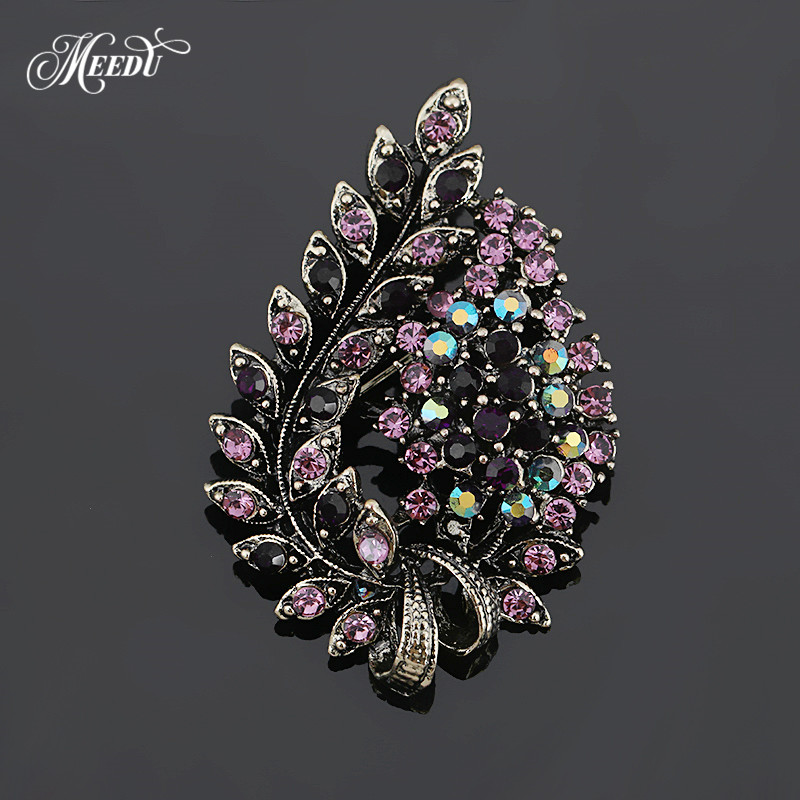 Antiek Goud Kleur Plated Metal Crystal Leaf Broches Voor Wome Jas Jurk Sieraden Party Christmas Accessoires: Purple