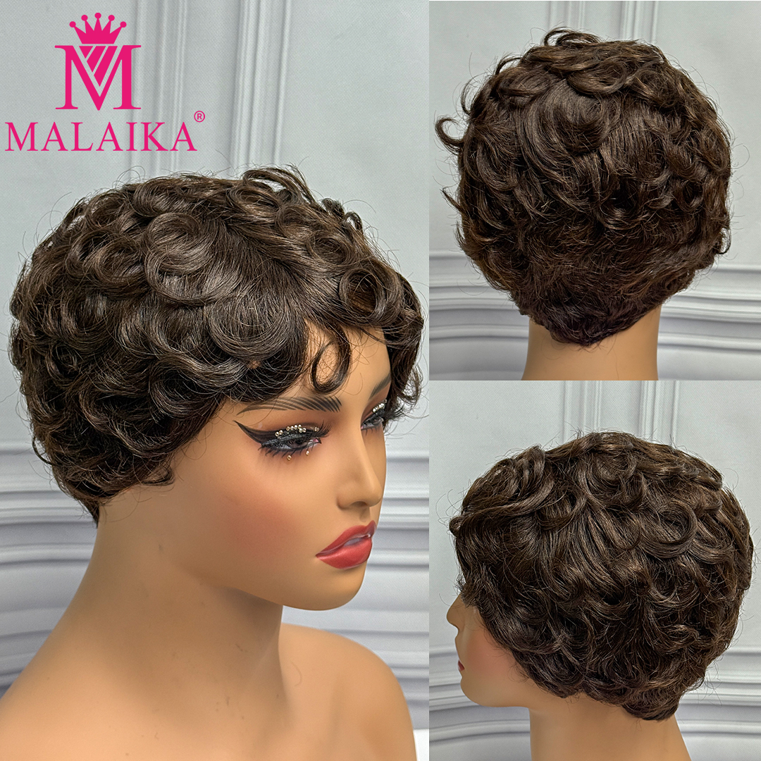 Malaika 4 # 27 # Pixie Cut Bob corto onda suelta cabello humano Chioma pelucas hechas a máquina pelucas rizadas onduladas Bob cabello Remy para mujeres: #130