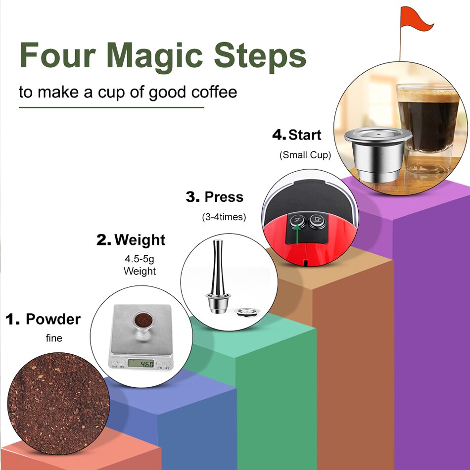 ICafilasICafilas 4pcs/Sets Stainless Metal Reusable For Nespresso Capsule With Press Coffee Grinds Tamper Espresso Coffee Maker