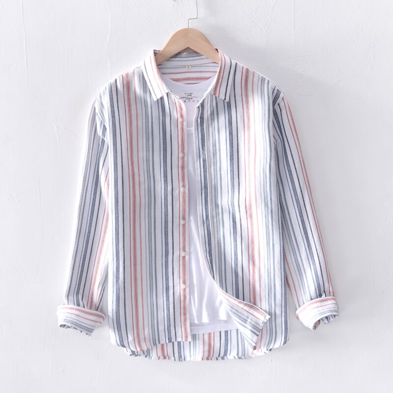 Men's Long Sleeve Rainbow Stripe Shirts Linen Summer Casual Shirts Man White Turn Down Collar Shirt Male Y2343