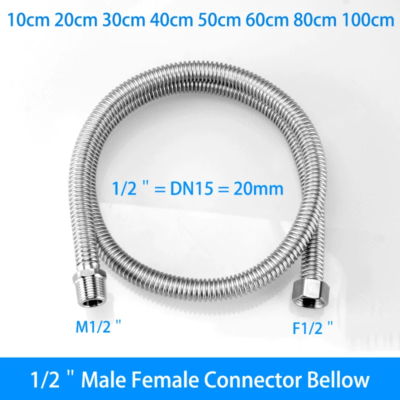 Shower Hose 10/20/30/40/50/60/80/100cm Bellows Extension Tube 1/2" 3/4" Male Female Connector 304 Stainless Steel Water Heater
